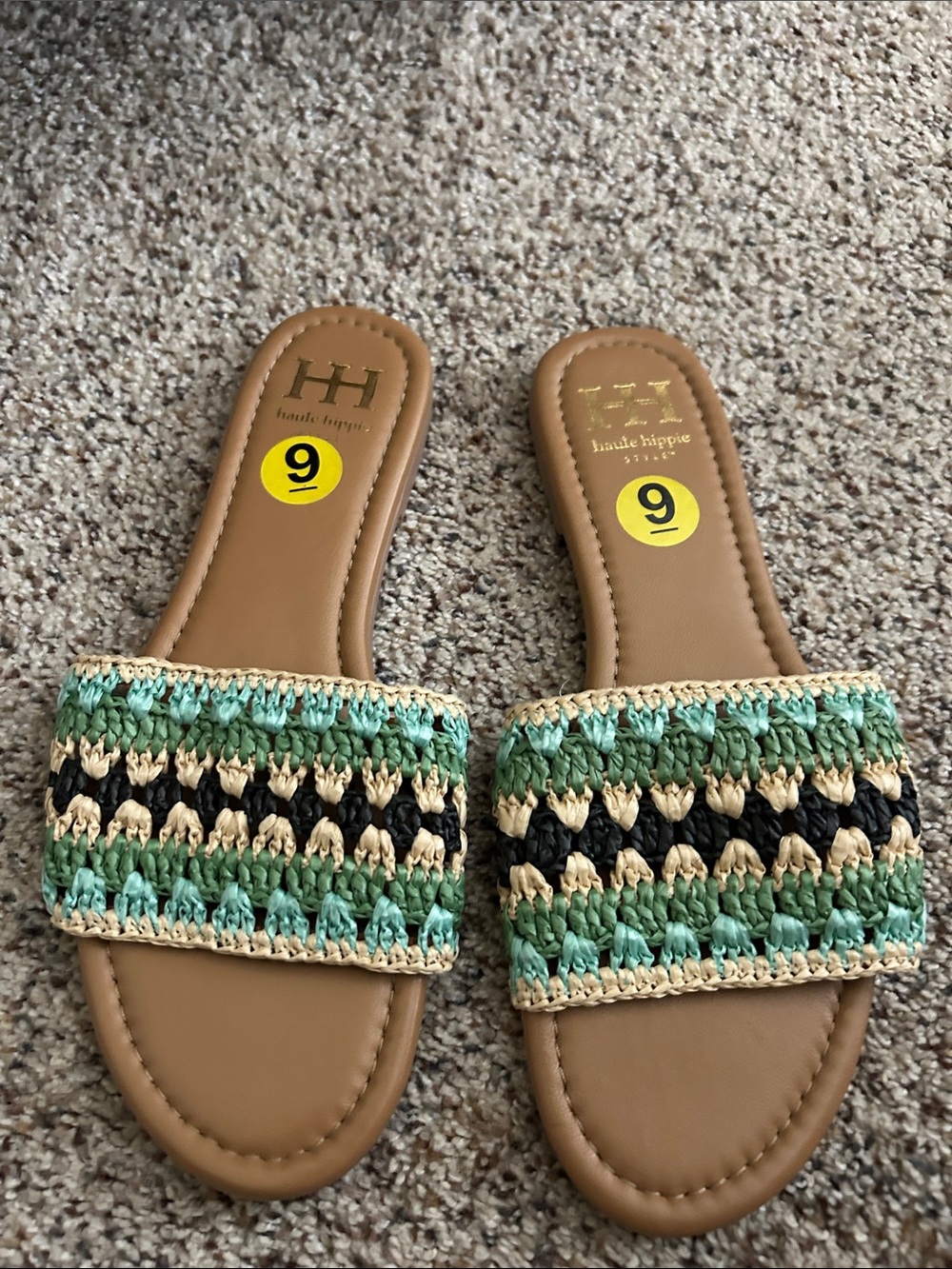 Haute Hippie Tan Slides with Green, Black & Cream Crochet Strap